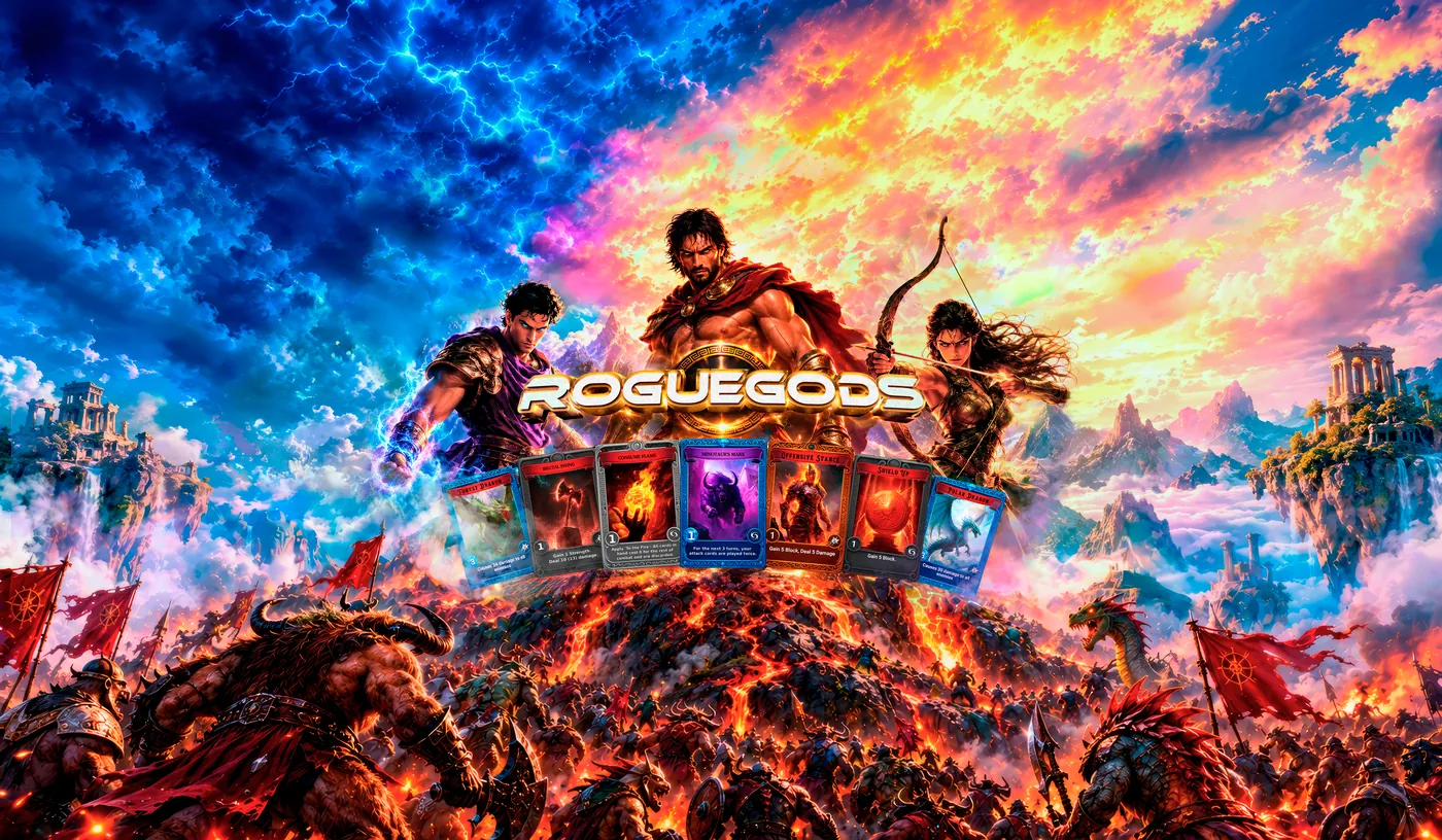 RogueGods key art: Heracles, Hippolyta and Theseus above a mountain of lava with seven cards